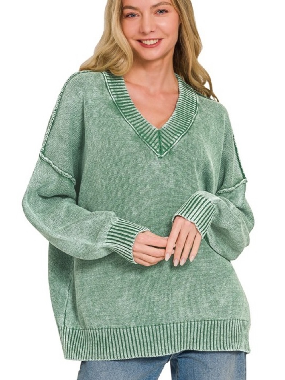 Relaxed V-Neck Sweater in Sage Green